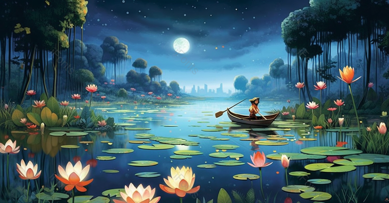 夏夜游湖荷叶荷花绽放写实插画蓝色背景,插画/手绘图,插画/手绘图库,插画/手绘图下载,插画/手绘